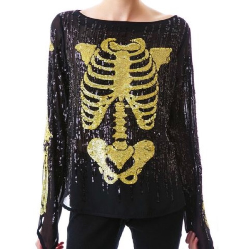 Wildfox White Label Sequin blouse Bones Halloween